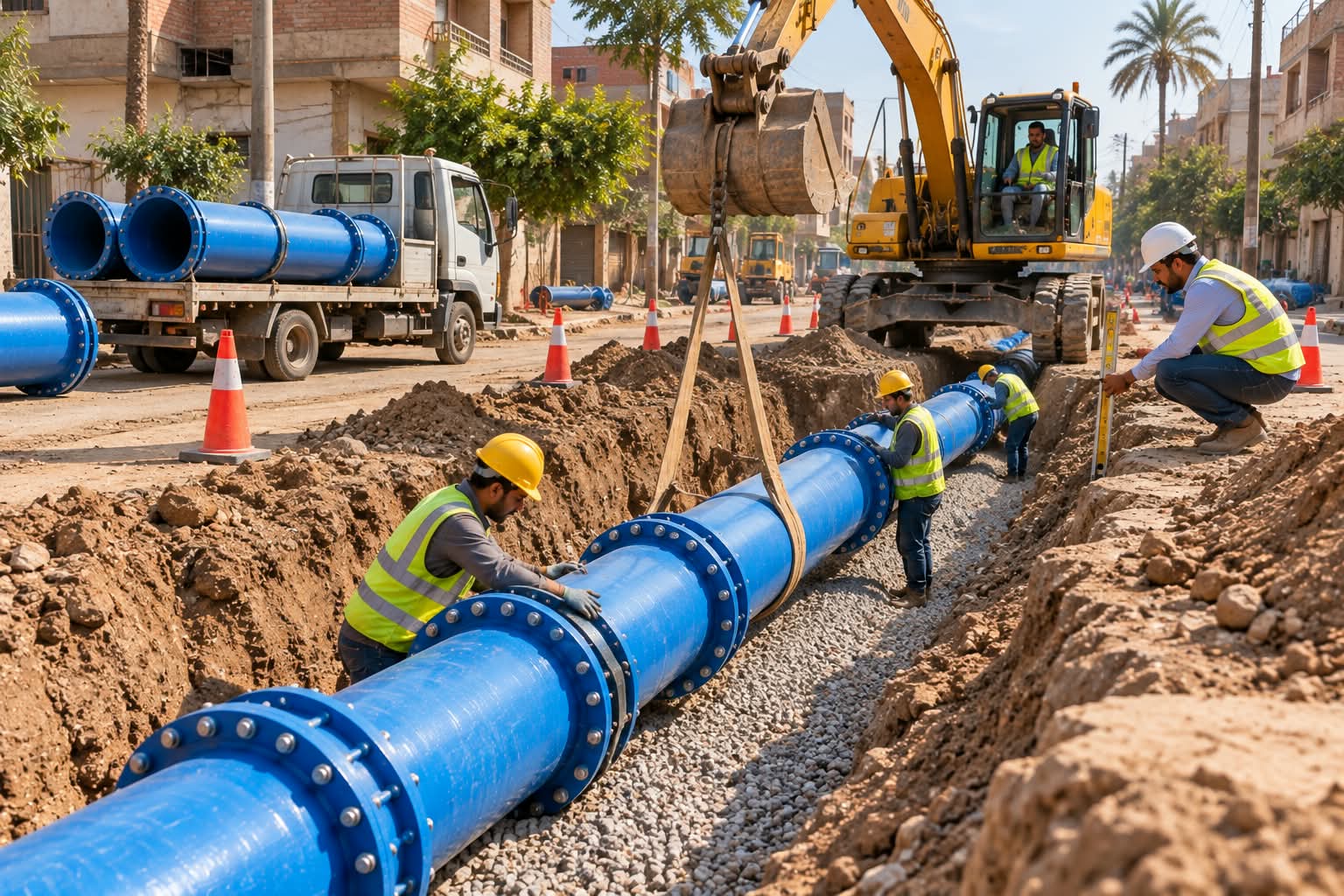أعمال تركيب خطوط مواسير مياه وصرف في موقع تنفيذ